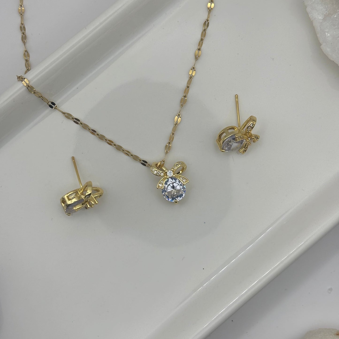 Large Gem Bow Necklace & Earring Duel Bundle