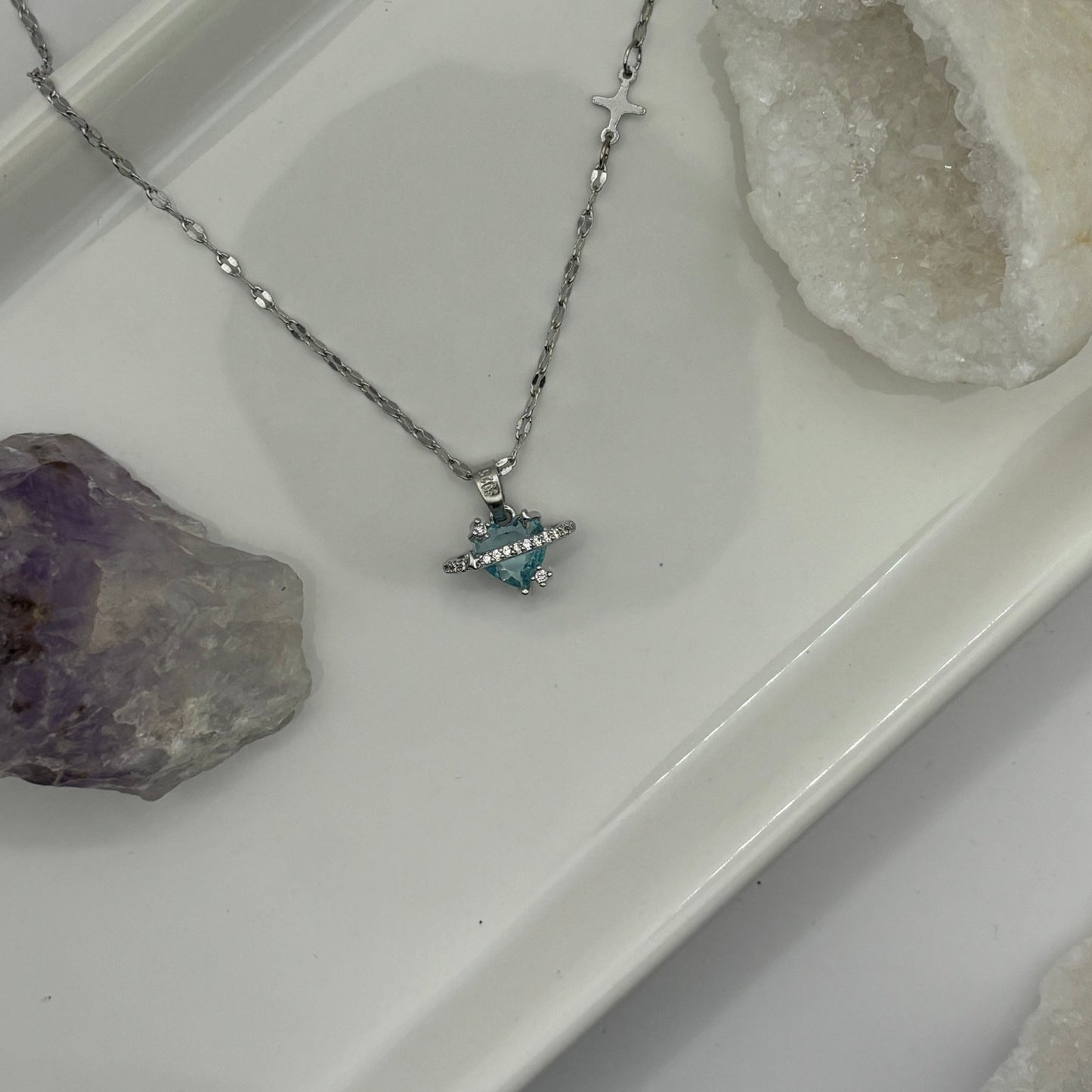 Blue Gem Heart Silver Necklace