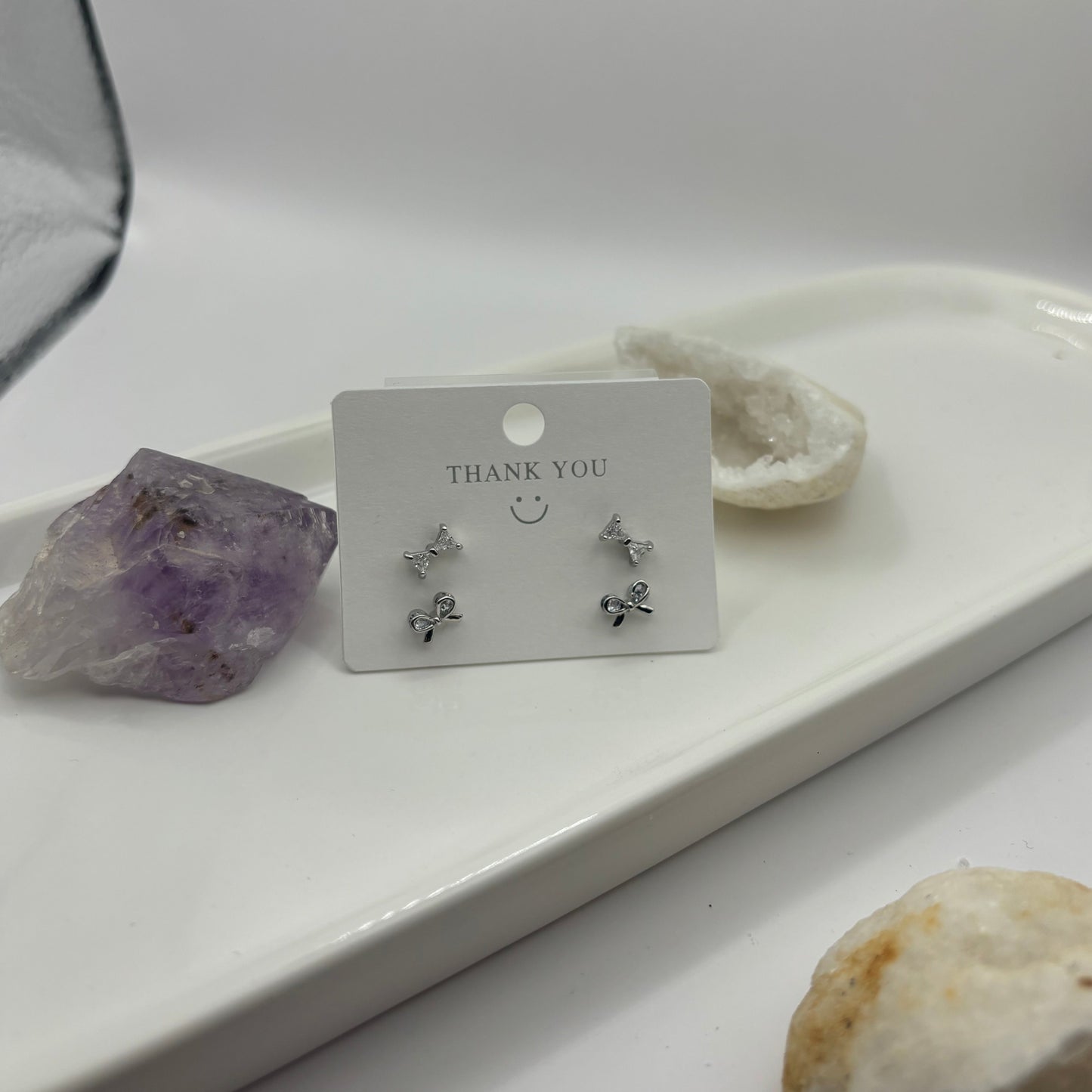 Silver Bow & Gem Duel Earring Set