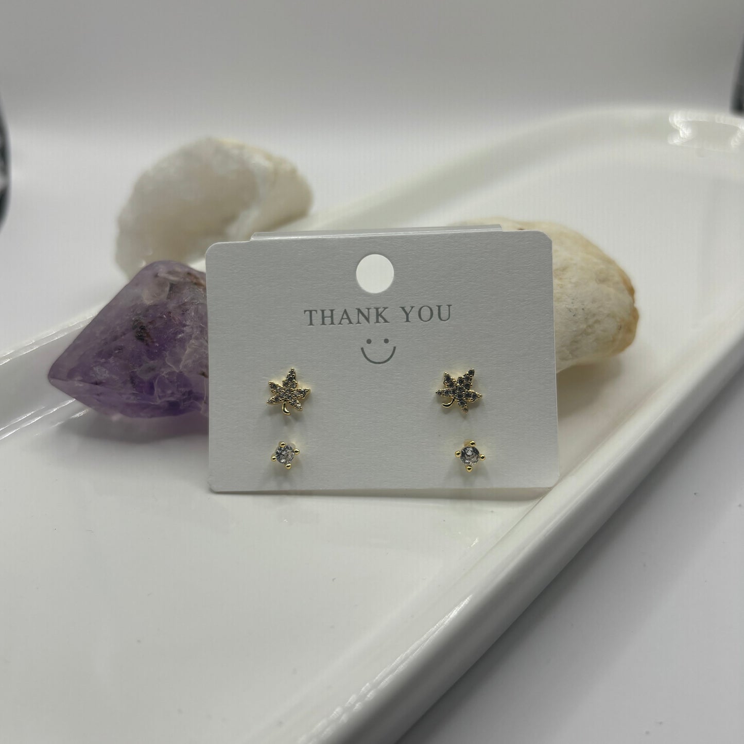 Leaf & Stud Duel Earring Set - Gold with Gem