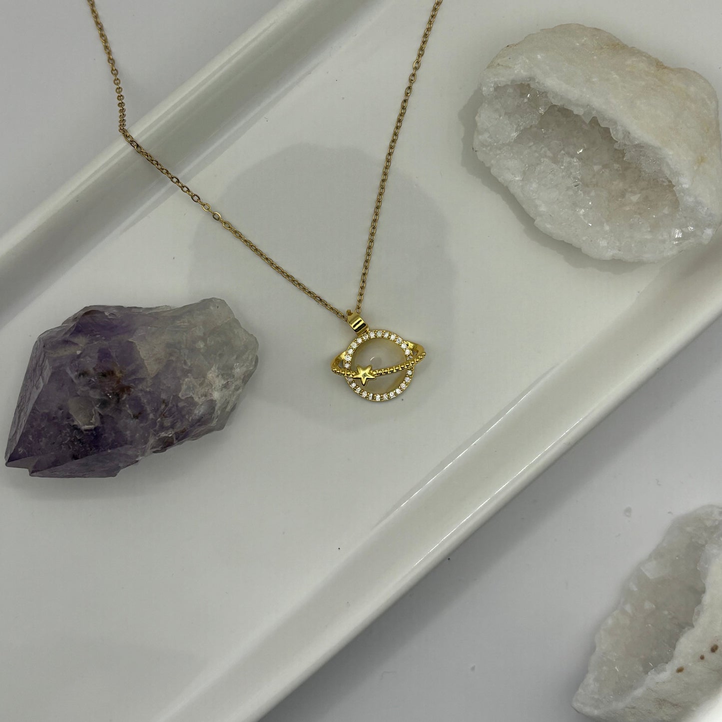 Planet Saturn Pearl & Gem Gold Necklace