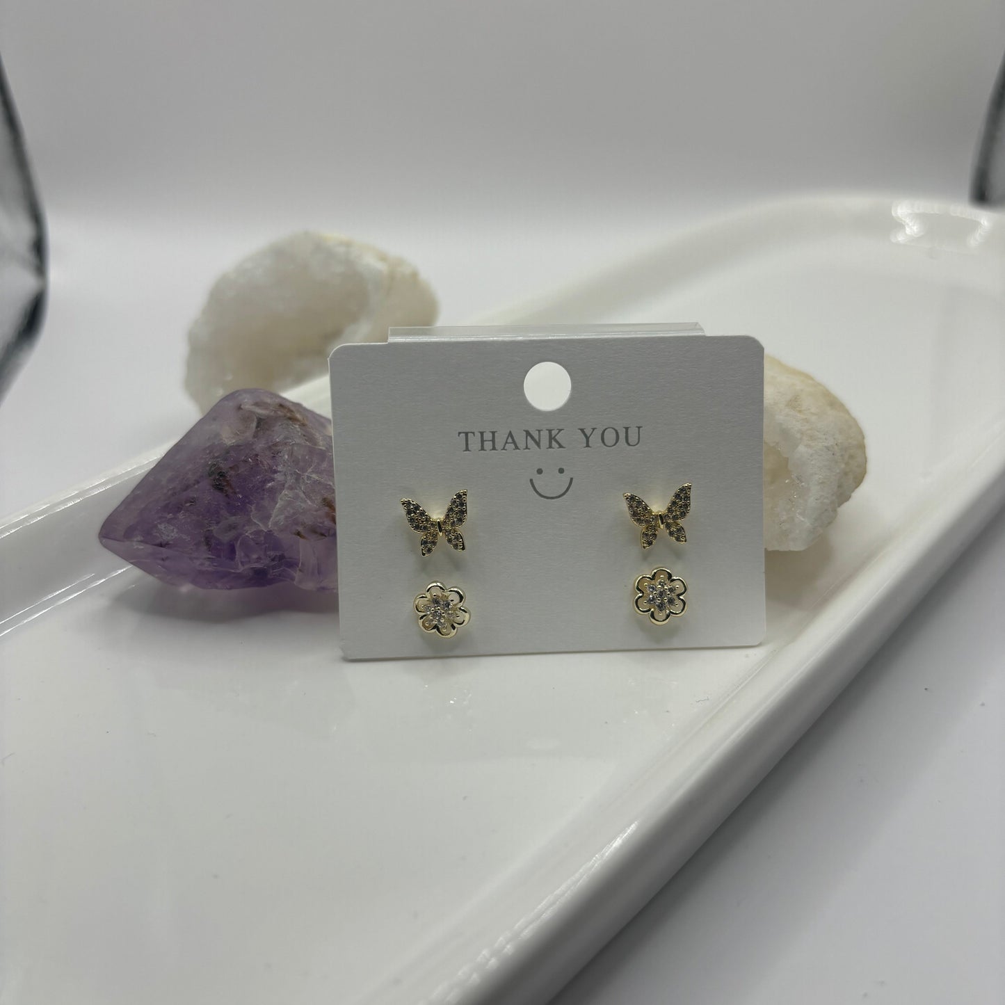 Butterfly & Flower Duel Earring Set - Gold with Gem