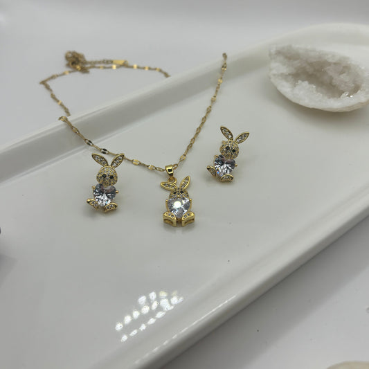 Bunny Rabbit Gem Earring & Necklace Bundle
