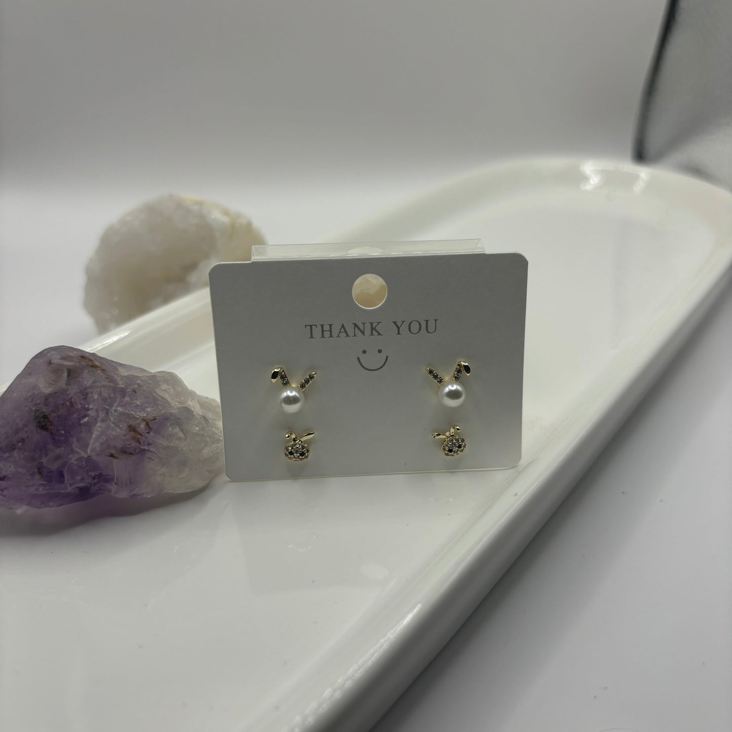 Bunny Rabbit Duel Earring Set - Pearls with Diamond Gems