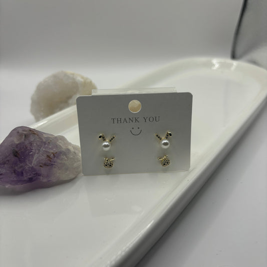 Bunny Rabbit Duel Earring Set - Pearls with Diamond Gems