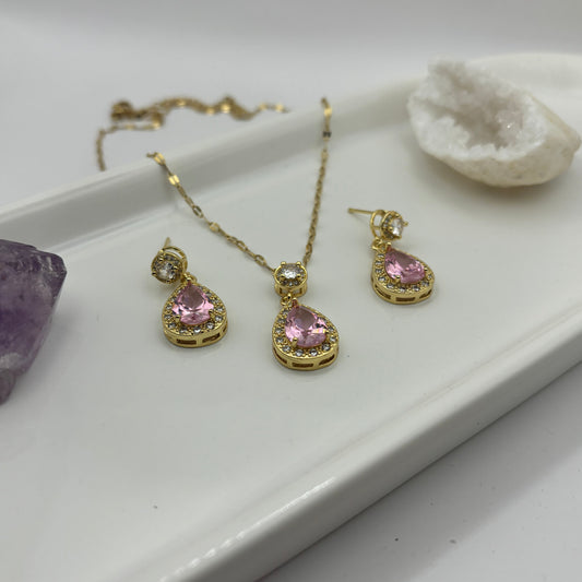 Necklace & Earring Pink Gem Gold Bundle
