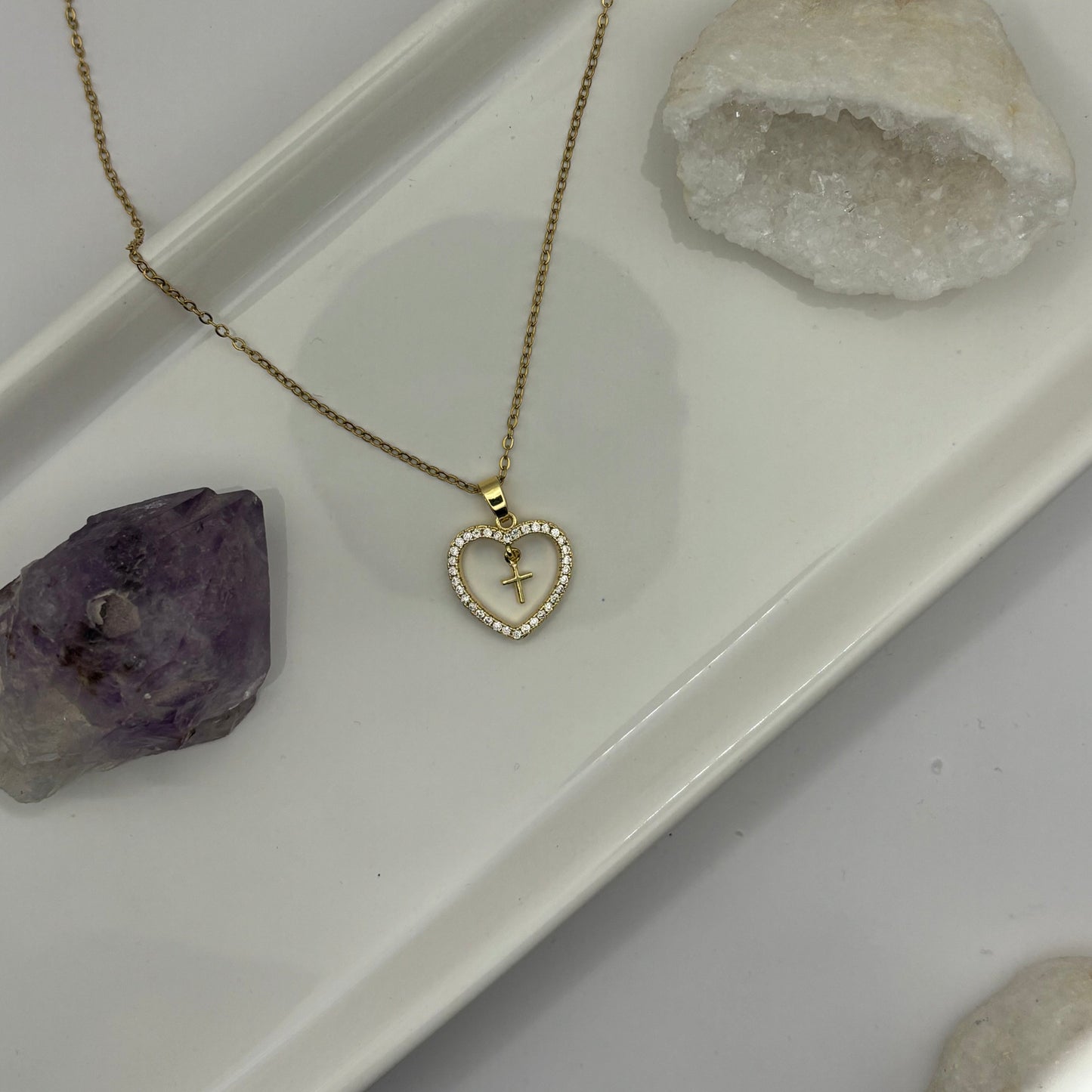 Heart & Cross Gem Necklace - Removable Pendant