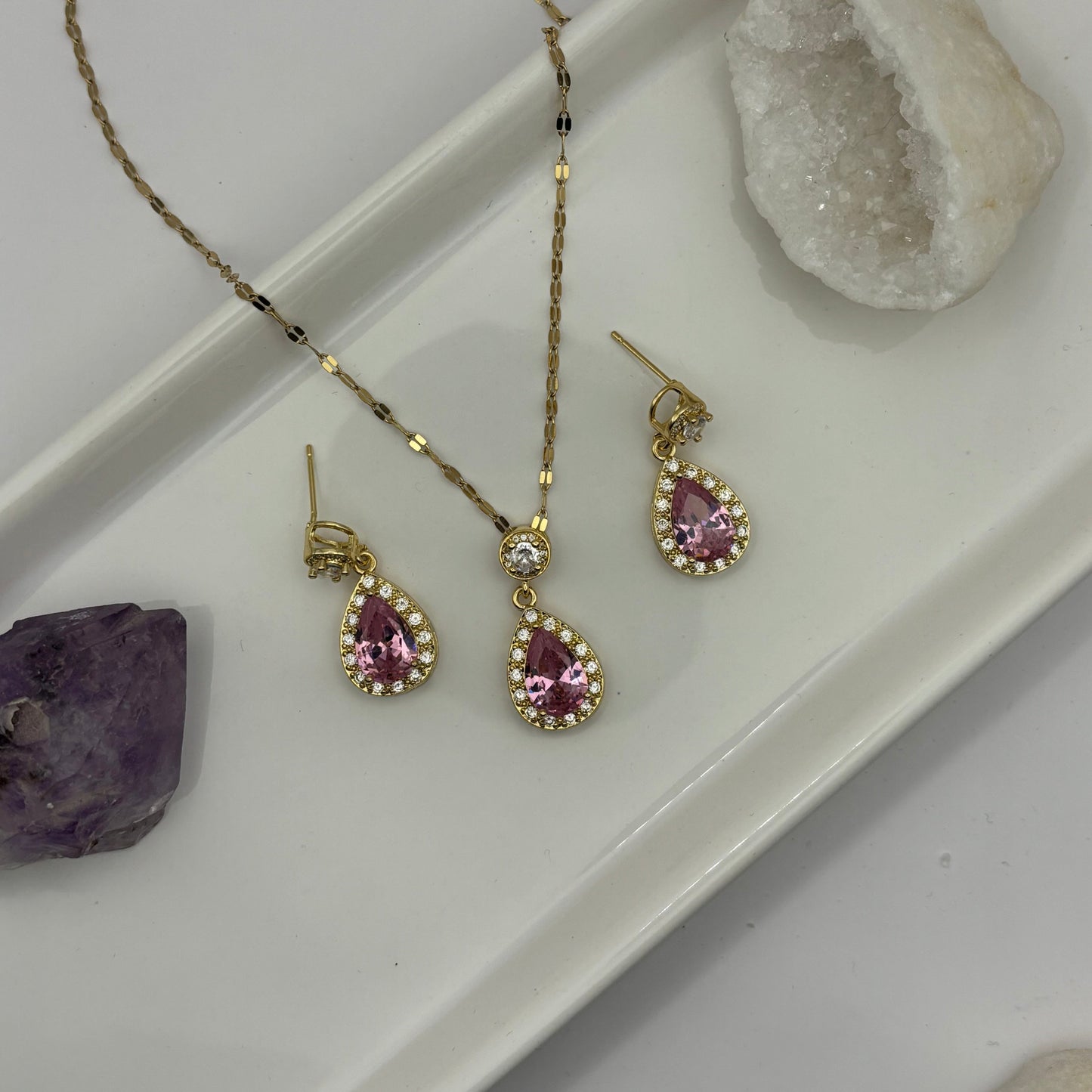 Necklace & Earring Pink Gem Gold Bundle