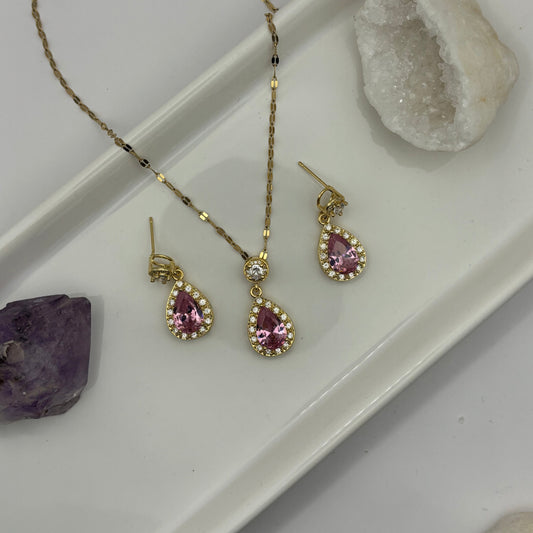 Necklace & Earring Pink Gem Gold Bundle