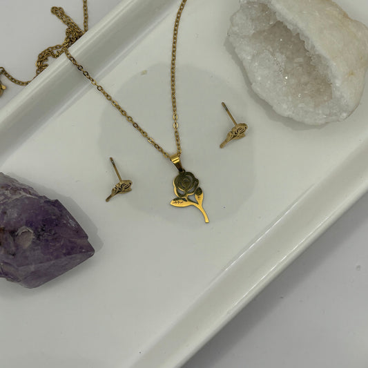 Gold Necklace & Earring Rose Bundle