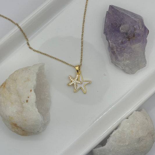 Double Star Gold Gem Necklace