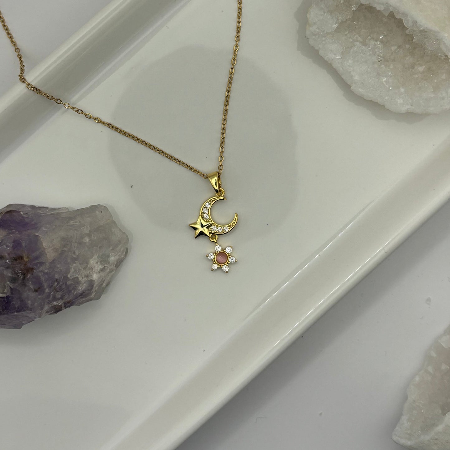 Moon & Stars Gold Gem Necklace - Removable Pendant