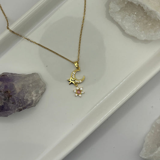 Moon & Stars Gold Gem Necklace - Removable Pendant