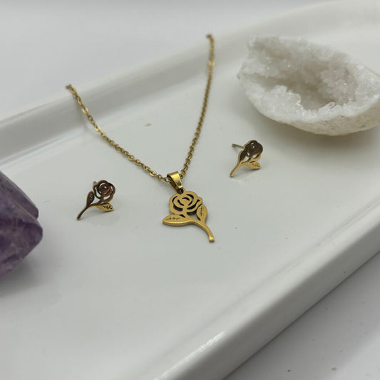 Gold Necklace & Earring Rose Bundle