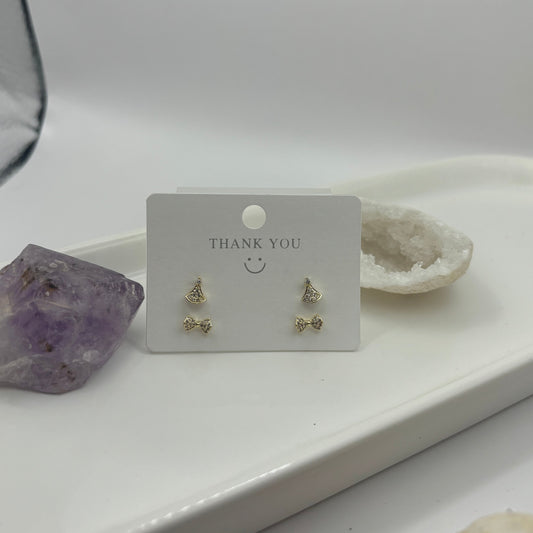 Gold Bow Tie Gem Duel Earring Set