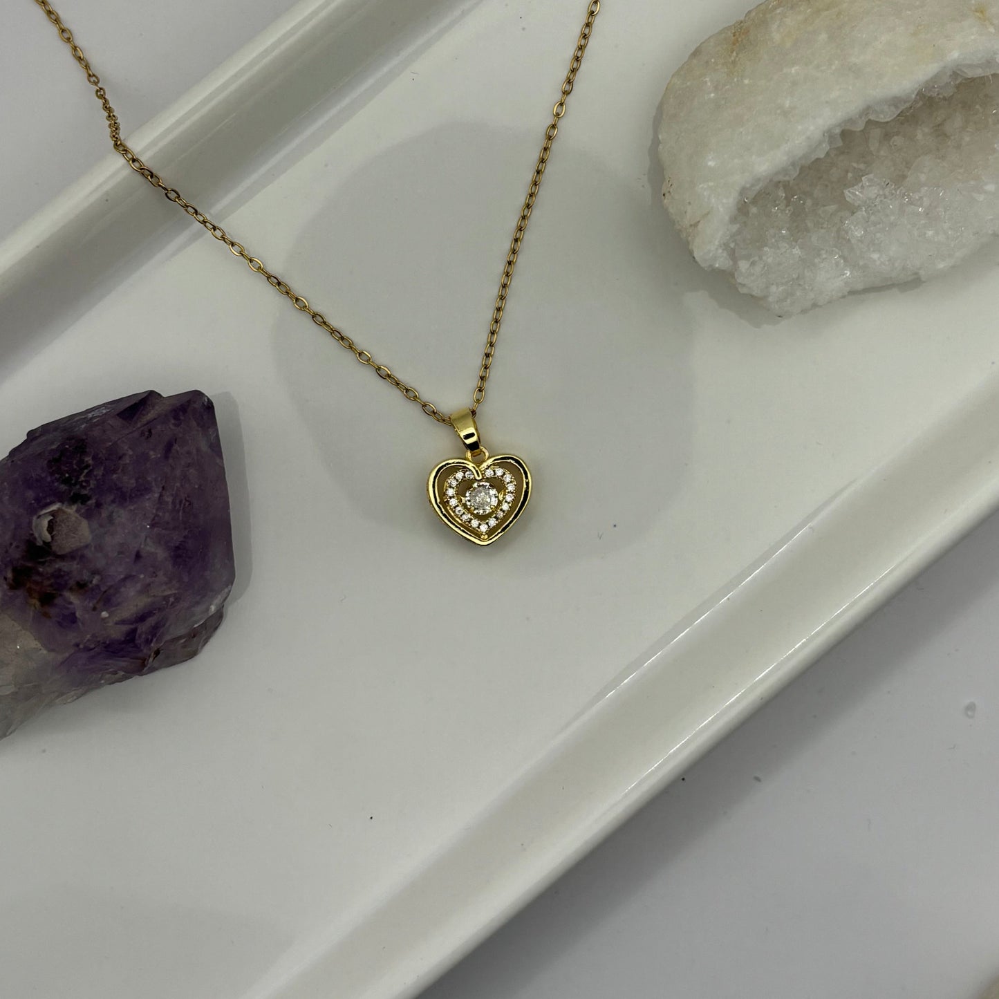 Double Heart Gem Gold Necklace - Removable Pendant