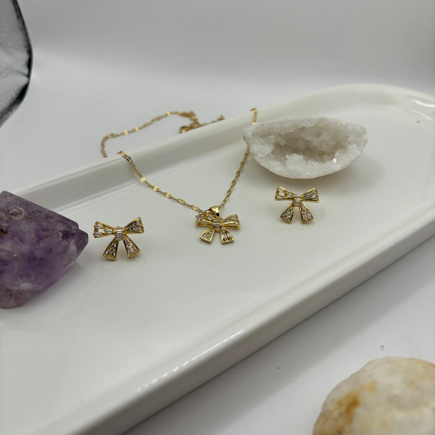 Necklace & Earring Bow Gem Bundle - Gold