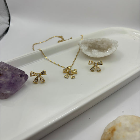 Necklace & Earring Bow Gem Bundle - Gold