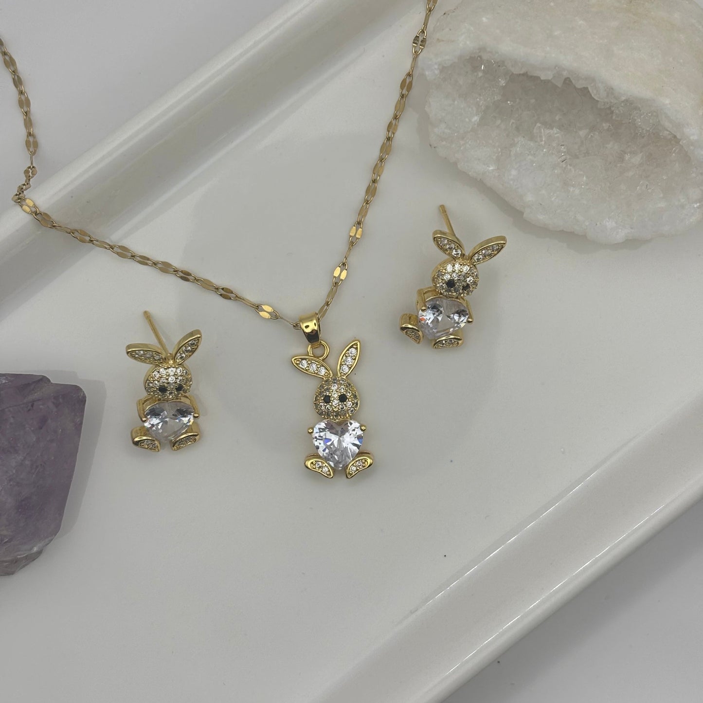 Bunny Rabbit Gem Earring & Necklace Bundle