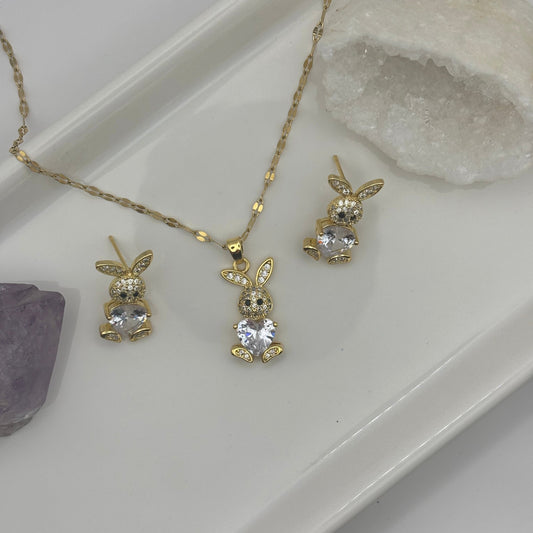 Bunny Rabbit Gem Earring & Necklace Bundle