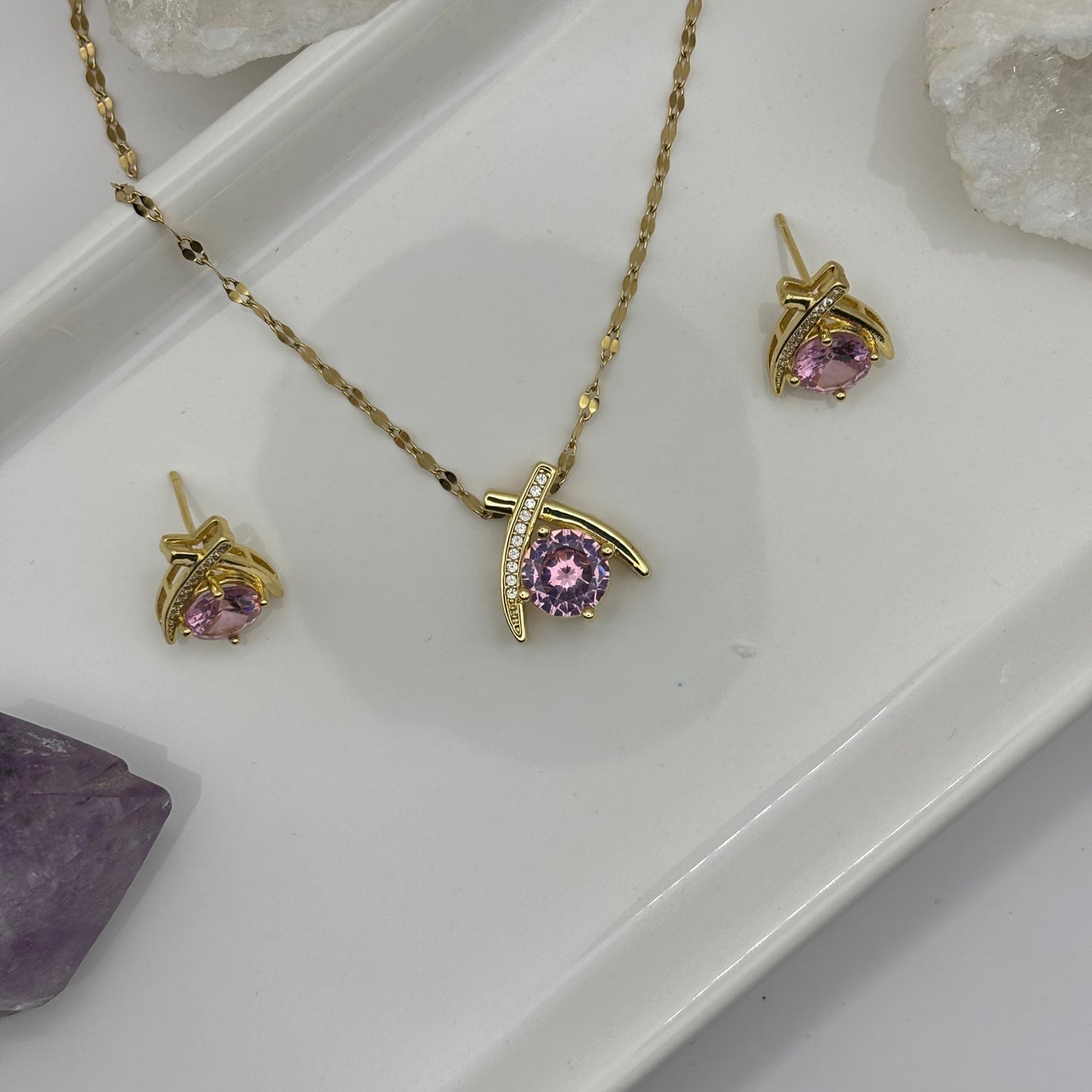 Gold Gem Necklace & Earring Bundle