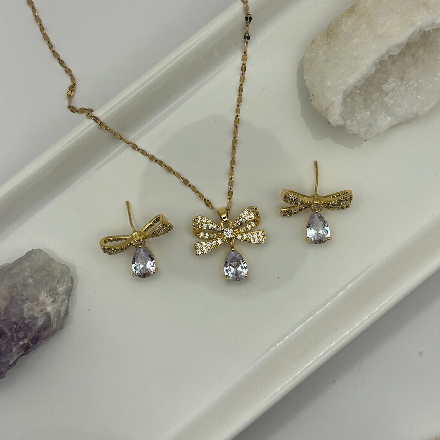Necklace & Earring Bow Bundle With Gem