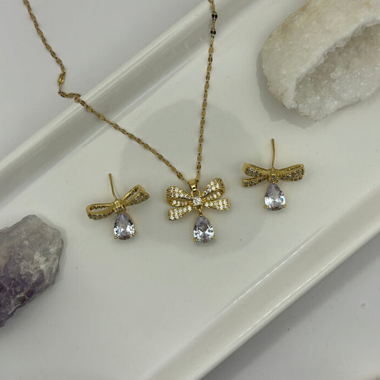 Necklace & Earring Bow Bundle With Gem