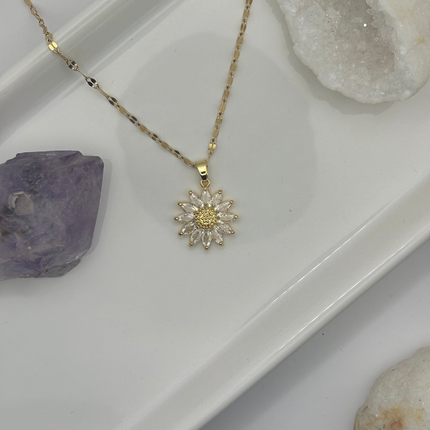 Gold Sunflower Necklace With Yellow & White Gems