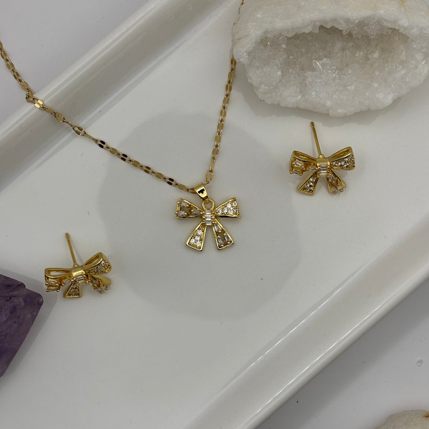 Necklace & Earring Bow Gem Bundle - Gold
