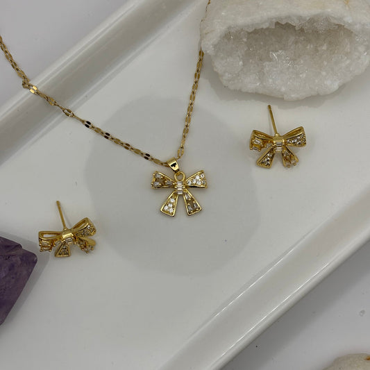 Necklace & Earring Bow Gem Bundle - Gold
