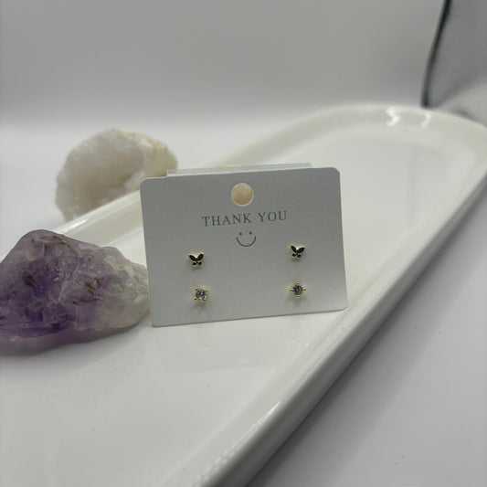 Small Butterfly Duel Stud Earring set - Gold with Gem