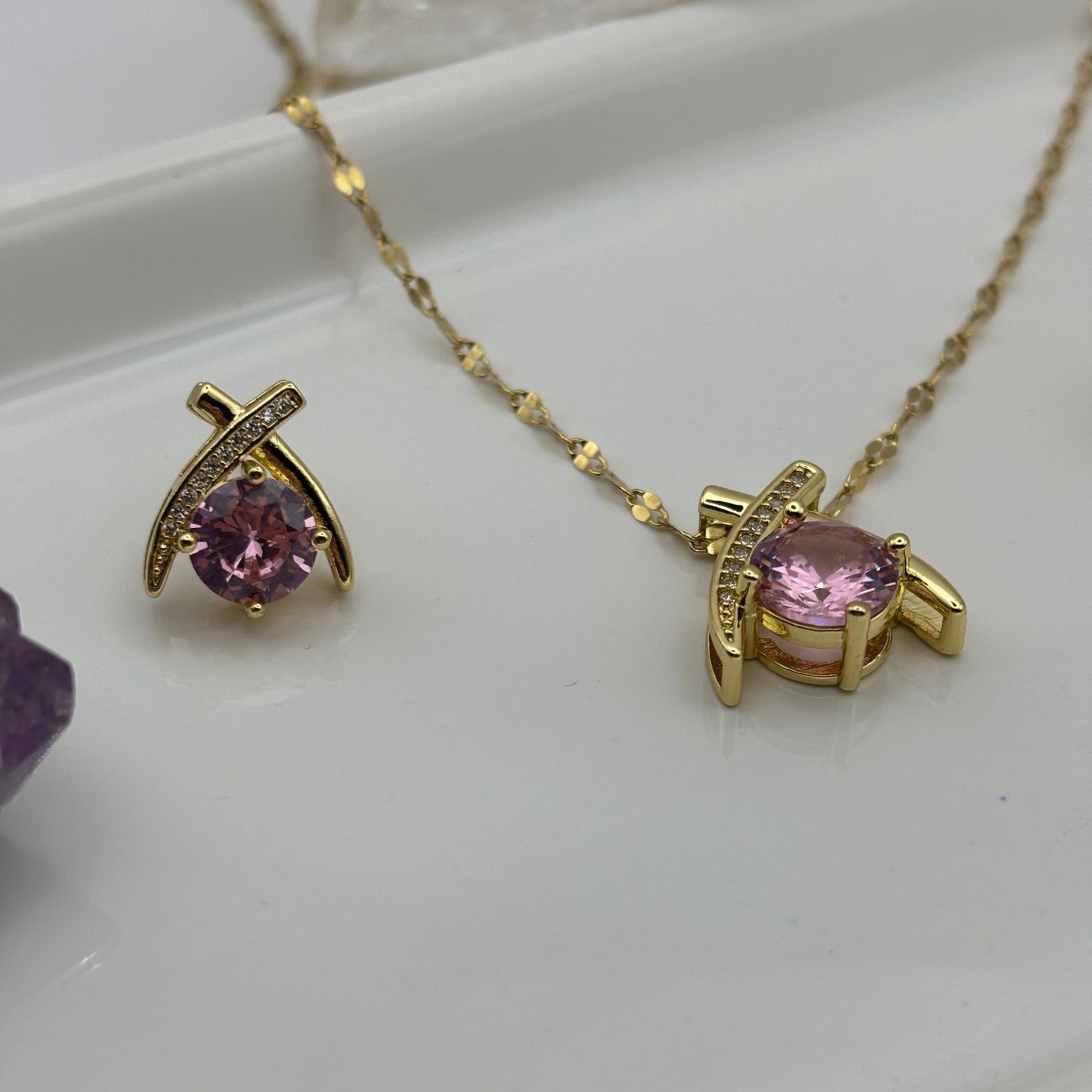 Gold Gem Necklace & Earring Bundle