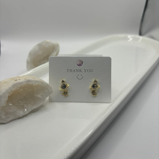 Star, Moon and Planet Duel Earring Set - Gold with Gems
