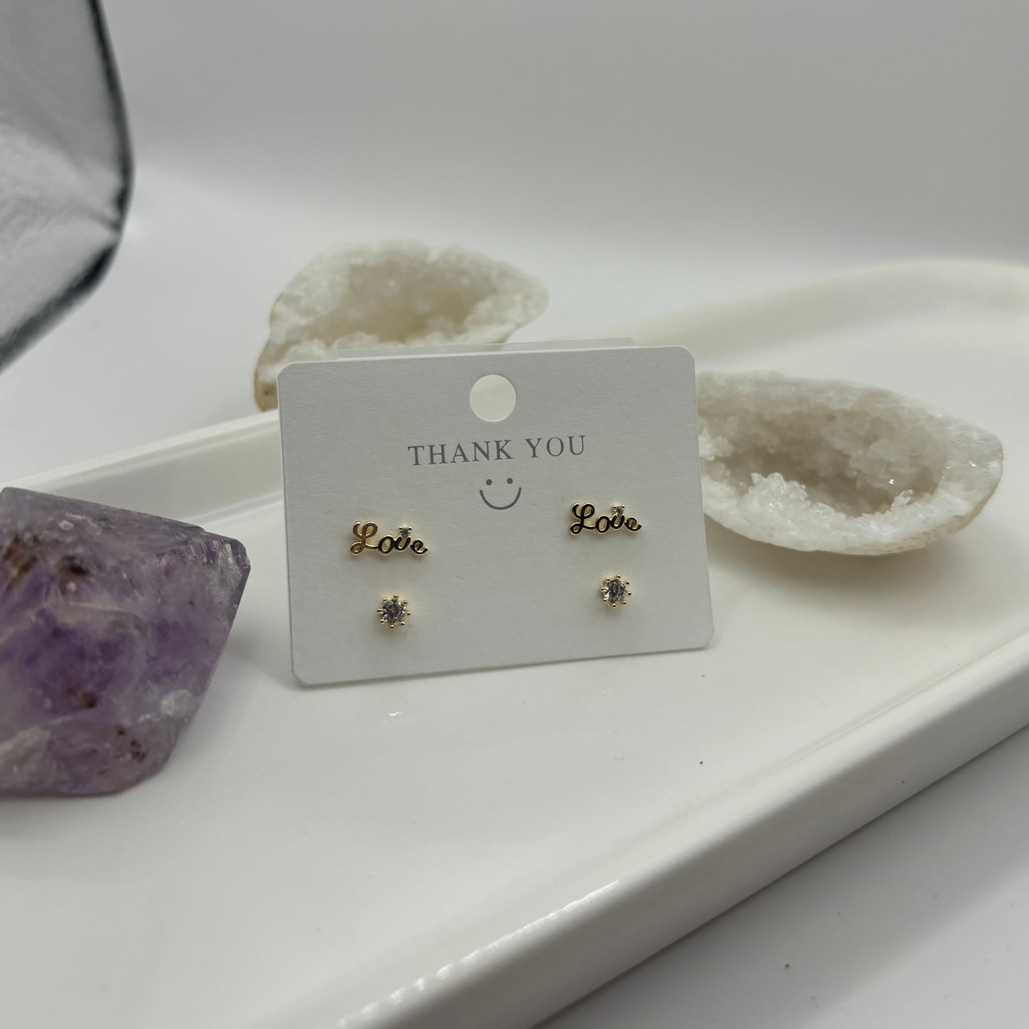 Gold “Love” & Small Gem Duel Earring Set