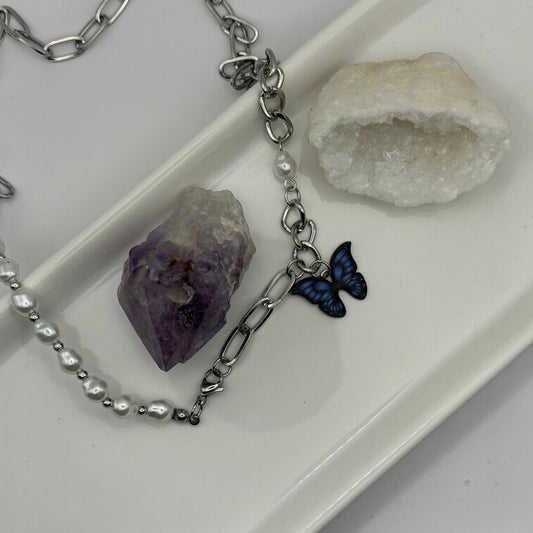 Pearl & Chain Butterfly Necklace - Blue