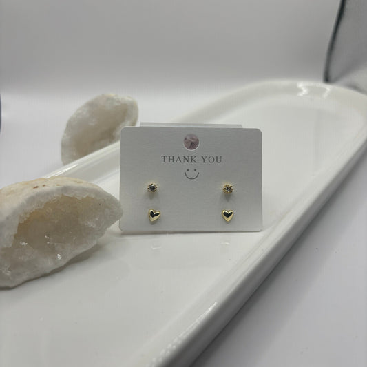 Love Heart Stud Duel Earring Set - Gold with Gems