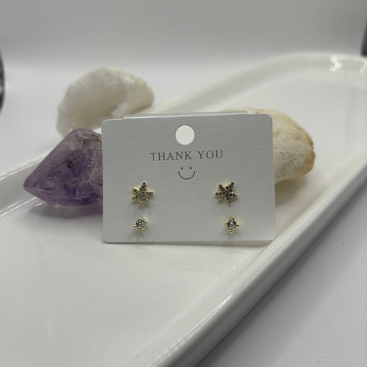 Leaf & Stud Duel Earring Set - Gold with Gem