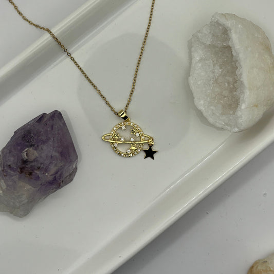 Planet Saturn & Star Gold Necklace - Removable Pendant