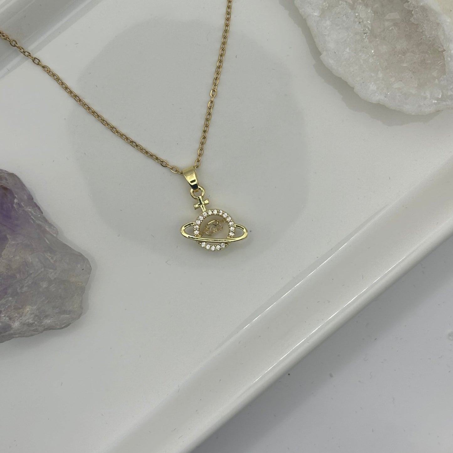 Planet Saturn Gold Gem Necklace With Cross