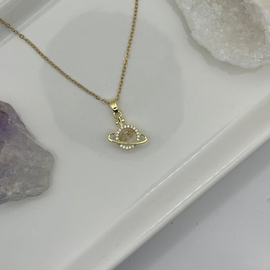 Planet Saturn Gold Gem Necklace With Cross