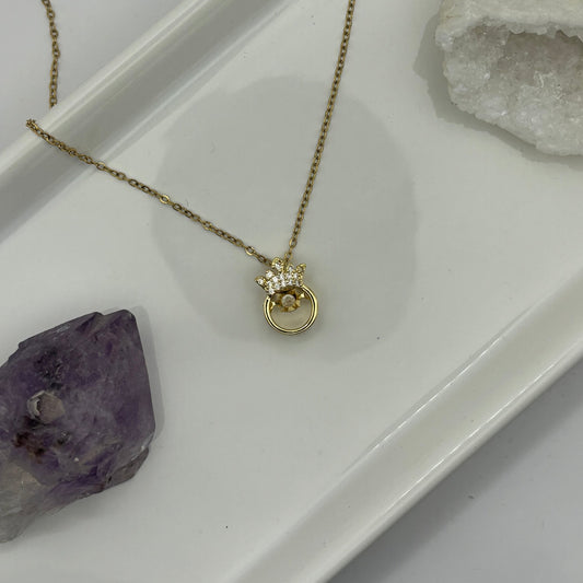 Gold Crown Necklace With Diamond Gem