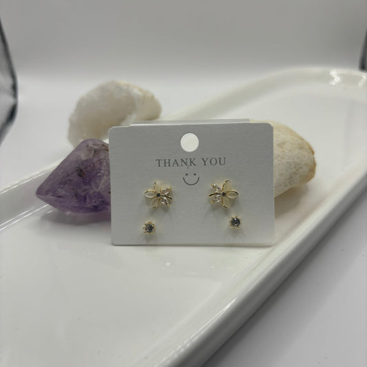 Flower & Stud Earring Duel Set - Gold with Gem