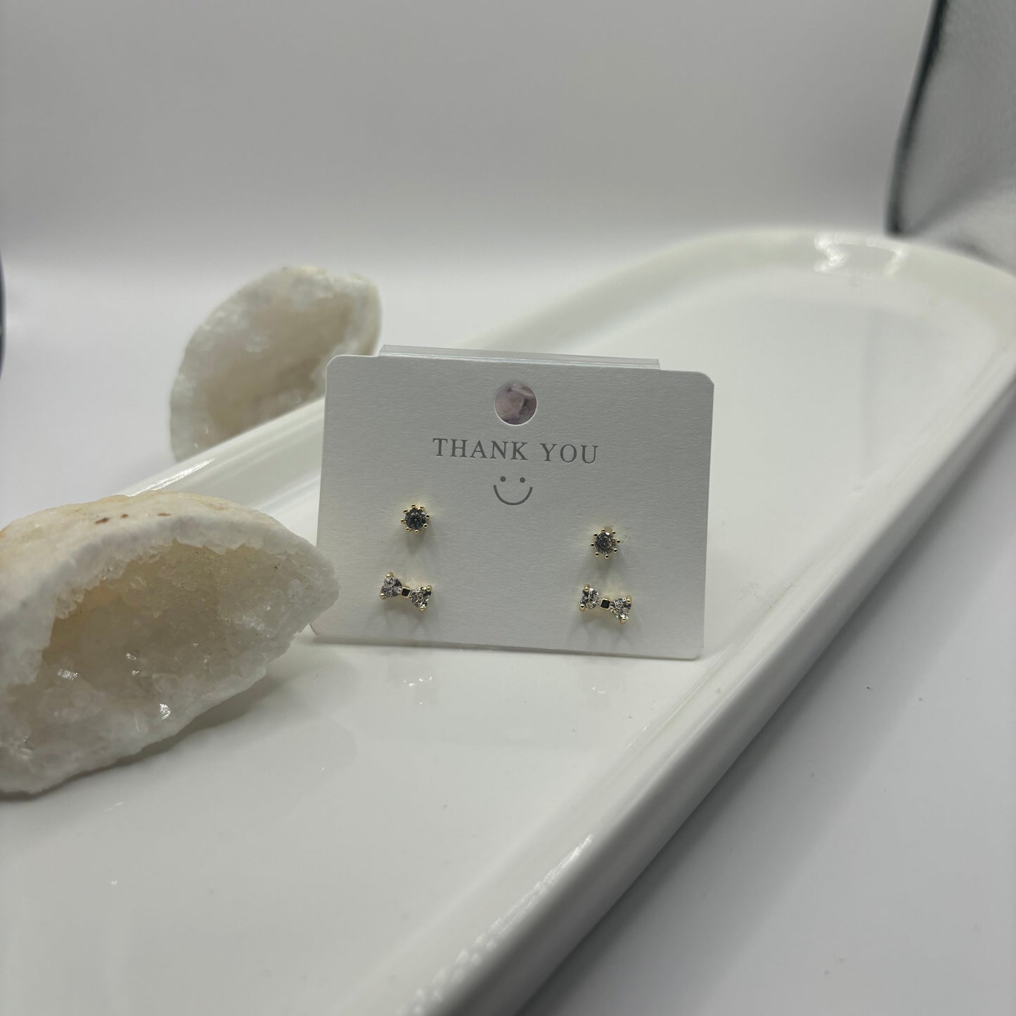 Small Bow And Stud Earrings Duel Set - Gold with Gems