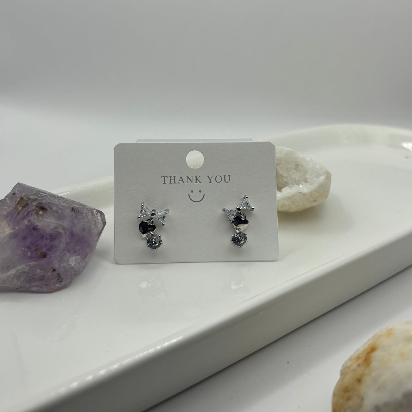 Silver Heart & Small Gem Duel Earring Set