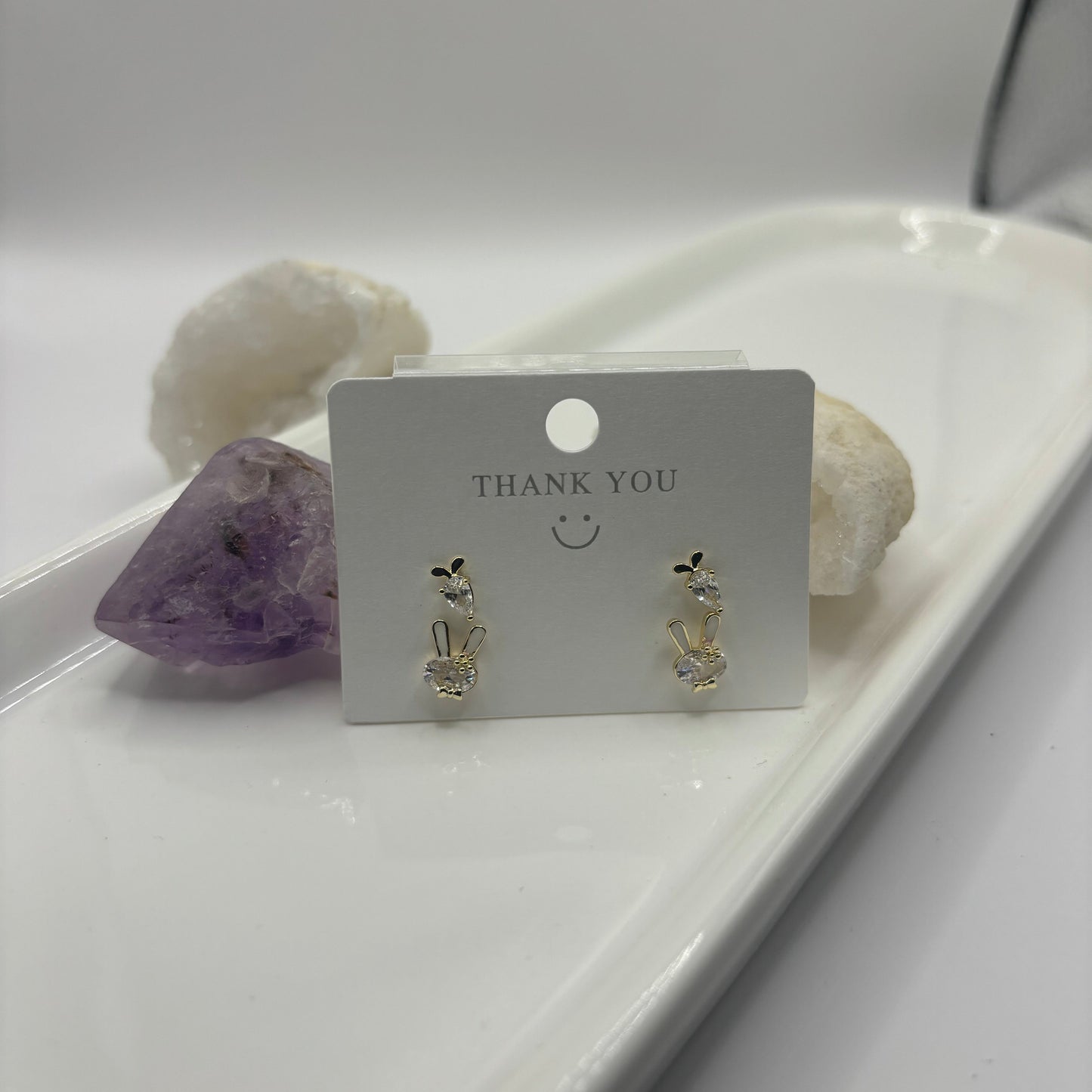 Bunny Rabbit Duel Earring Set - Gold with Gem