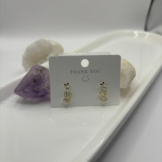 Bunny Rabbit Duel Earring Set - Gold with Gem