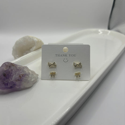 Gold Bow Duel Earring Set - Gold with Gems