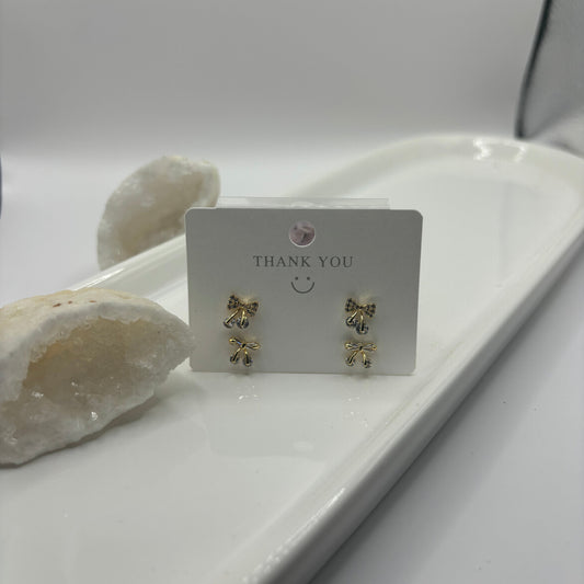 Bow Duel Earring Set - Gold with Gems