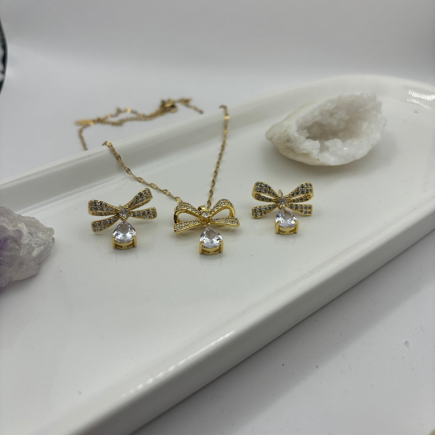 Necklace & Earring Bow Bundle With Gem